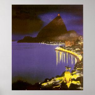 Vintage Beach at Night in Rio De Janeiro, Brazil Poster