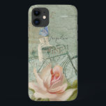Vintage Beach Bicycle Rustic Wood Blush Pink Rose Case-Mate iPhone Case<br><div class="desc">Fun,  vintage style created with new art by internationally acclaimed artist,  Audrey Jeanne Roberts.  A distressed grey wood background with a victorian-era beach bicycle with blush pink antique style rose and blue butterfly.  Copyright.</div>