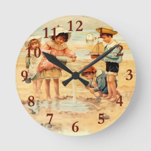 Vintage Beach Boy Girl Children Fine Art Round Clock