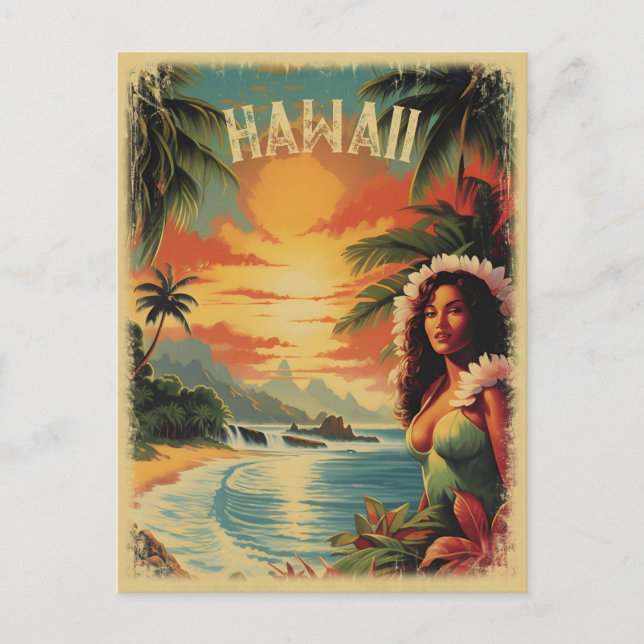 Vintage Beach Hawaii Girl Travel Postcard (Front)