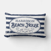 Vintage Beach House Personalized Navy and White Lumbar Pillow (Front)