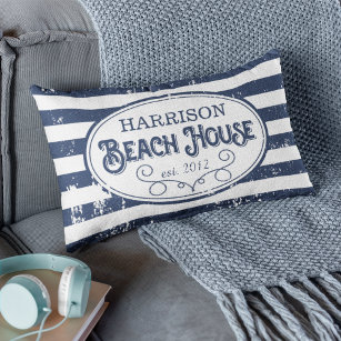 Vintage Beach House Personalized Navy and White Lumbar Pillow