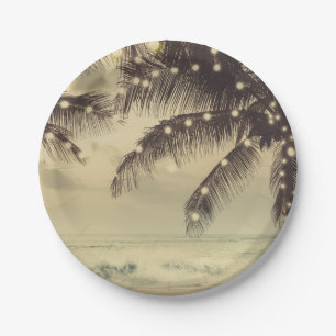 Vintage Beach Ocean Palm Trees & Lights Wedding Paper Plate
