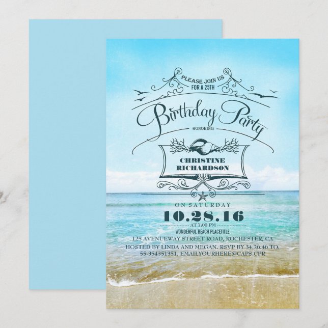 Vintage Beach Ombre Blue Sea Birthday Party Invitation (Front/Back)