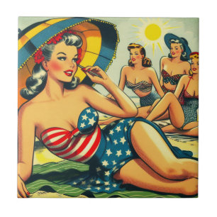 Vintage Beach Pin Up Tile