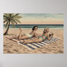 Vintage Beach Pinup Art Print | Retro Bikini Girls
