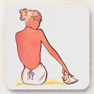 Vintage beach seashell sunbathing retro woman coaster