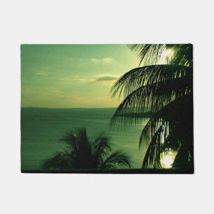 Vintage Beach Sunset Green-Blue Sky Sea Black Palm Doormat