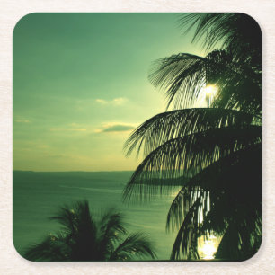 Vintage Beach Sunset Green-Blue Sky Sea Black Palm Square Paper Coaster