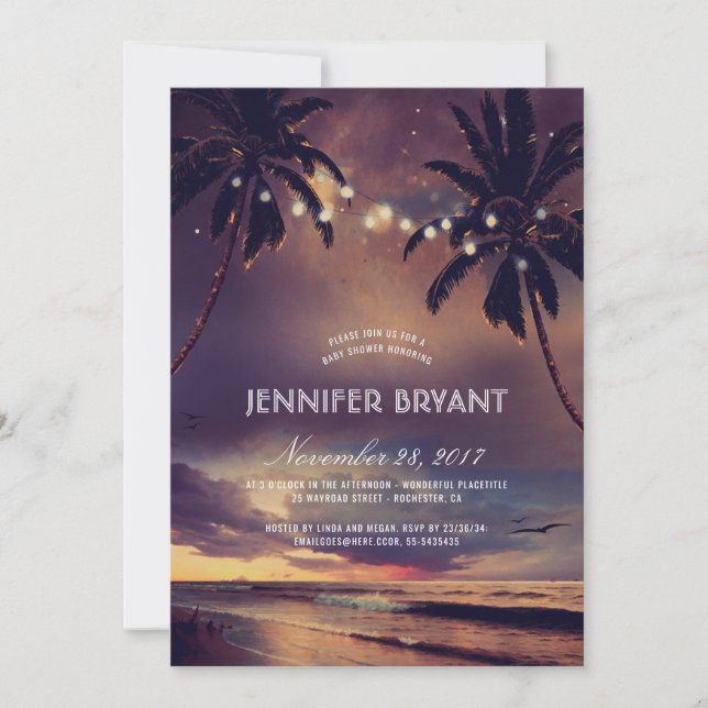 Vintage Beach Sunset Palm Lights Baby Shower Invitation (Front)