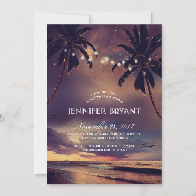 Vintage Beach Sunset Palm Lights Birthday Party Invitation (Front)