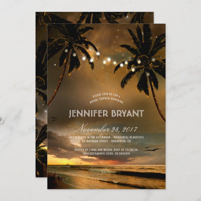 Vintage Beach Sunset Palm Lights Bridal Shower Invitation (Front/Back)