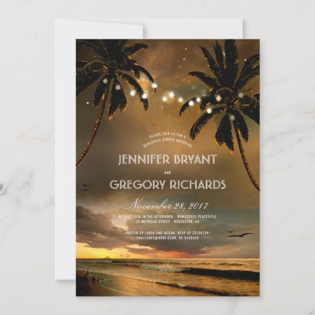 Vintage Beach Sunset Palm Lights Rehearsal Dinner Invitation (Front)