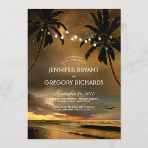 Vintage Beach Sunset Palm Lights Rehearsal Dinner Invitation