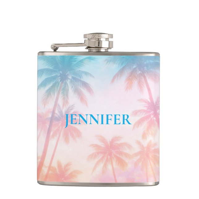 Vintage Beach Sunset Palm Trees Pastel             Hip Flask (Front)