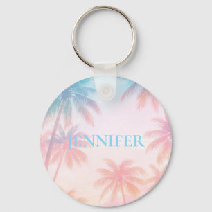 Vintage Beach Sunset Palm Trees Pastel             Keychain