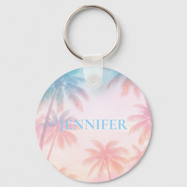 Vintage Beach Sunset Palm Trees Pastel             Keychain (Front)