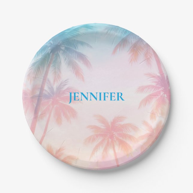 Vintage Beach Sunset Palm Trees Pastel             Paper Plate (Front)