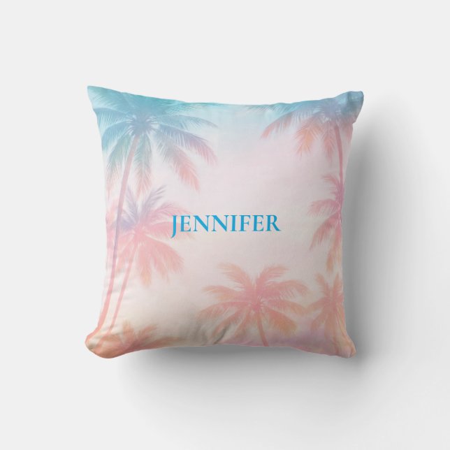 Vintage Beach Sunset Palm Trees Pastel             Throw Pillow (Front)