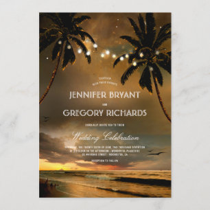 Vintage Beach Sunset   String Lights Palms Wedding Invitation