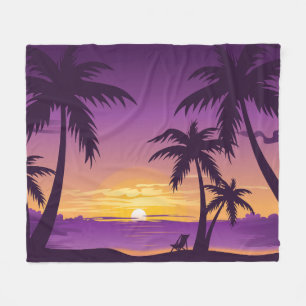 Vintage Beach Sunset Vacation lounger peach purple Fleece Blanket