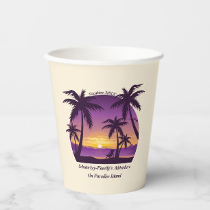 Vintage Beach Sunset Vacation lounger peach purple Paper Cups