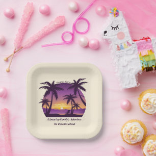 Vintage Beach Sunset Vacation lounger peach purple Paper Plate