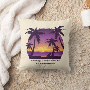 Vintage Beach Sunset Vacation lounger peach purple Throw Pillow