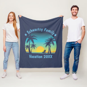 Vintage Beach Sunset Vacation Orange-blue lounger Fleece Blanket
