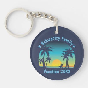 Vintage Beach Sunset Vacation Orange-blue lounger Keychain