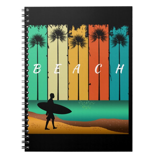 VINTAGE BEACH SURFER SURFING PALM TREES NOTEBOOK (Front)
