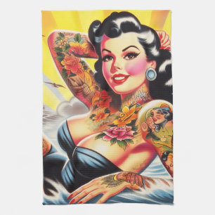 Vintage Beach Tattoo Pinup Kitchen Towel