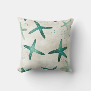 Vintage Beach Teal Abstract Starfish Coastal Throw Pillow