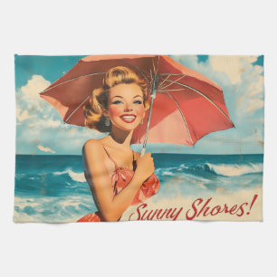 Vintage Beach Vacation Poster: Blonde Pin-Up Kitchen Towel