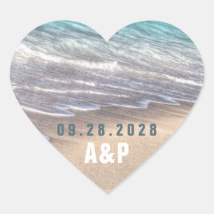 Vintage Beach Waves and Sand Wedding Favour Heart Sticker