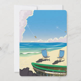 Vintage beach with deckchairs and a blue sea invitation
