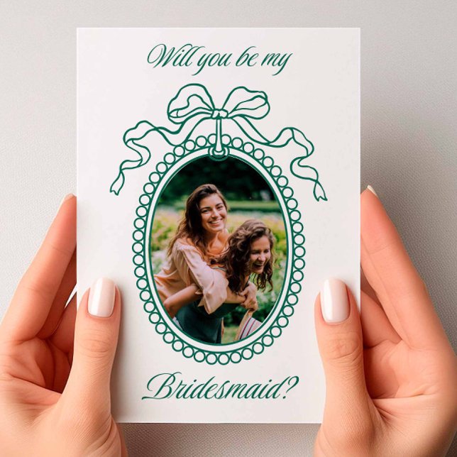 Vintage Beaded Frame Bow Bridesmaid Proposal Invitation (Vintage Beaded Frame Forest Green)