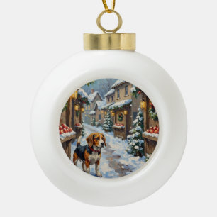 Vintage Beagle in Snowy Christmas Marketplace Ceramic Ball Christmas Ornament