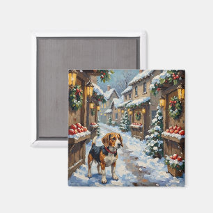 Vintage Beagle in Snowy Christmas Marketplace Magnet