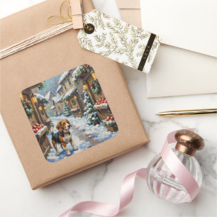 Vintage Beagle in Snowy Christmas Marketplace Square Sticker