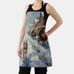 Vintage Beagle on Snowy Victorian Christmas Street Apron