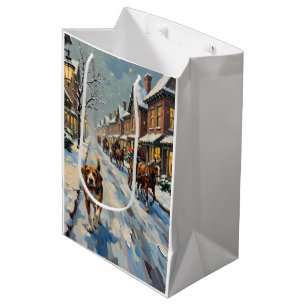 Vintage Beagle on Snowy Victorian Christmas Street Medium Gift Bag