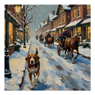 Vintage Beagle on Snowy Victorian Christmas Street Poster