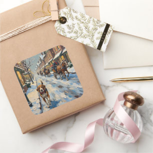Vintage Beagle on Snowy Victorian Christmas Street Square Sticker
