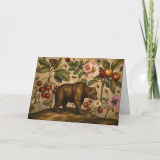Vintage Bear and Orchard Botanical Oil Painting Card