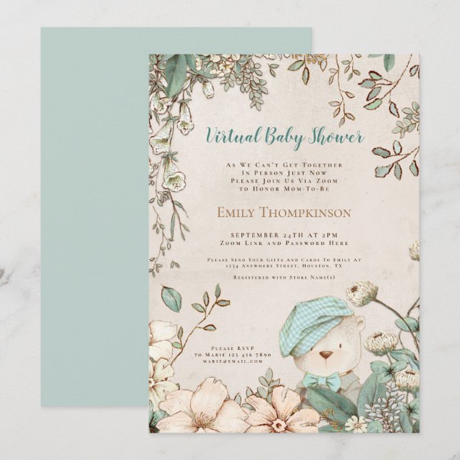 Vintage Bear Antique White Virtual Baby Shower Invitation (Front/Back)