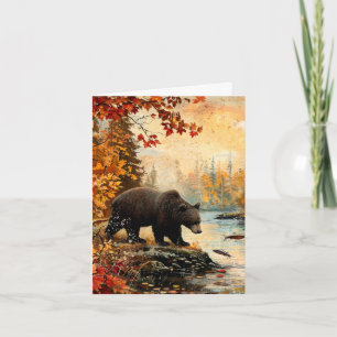 Vintage Bear at Creek Autumn Foliage Vert Blank Note Card