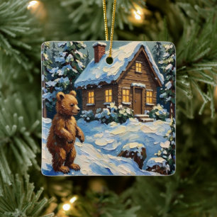 Vintage Bear Cub at Snowy Christmas Pine Cabin Ceramic Ornament