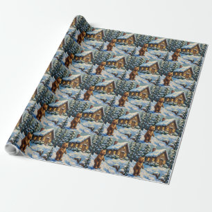 Vintage Bear Cub at Snowy Christmas Pine Cabin Wrapping Paper