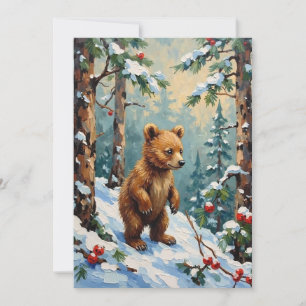 Vintage Bear Cub in Snowy Pine Forest Christmas Holiday Card